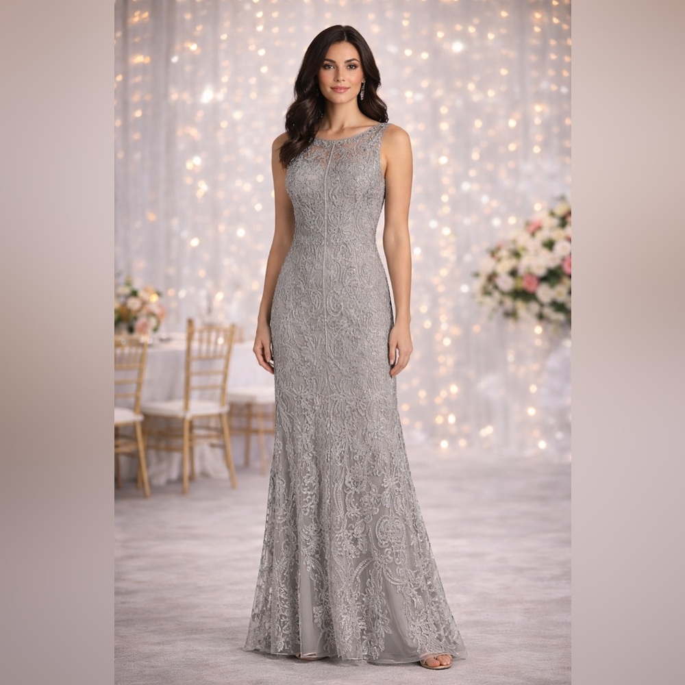 Camille La Vie Silver Beaded Evening Gown w/Matching Stole | NWT Size 10 | NICE!
